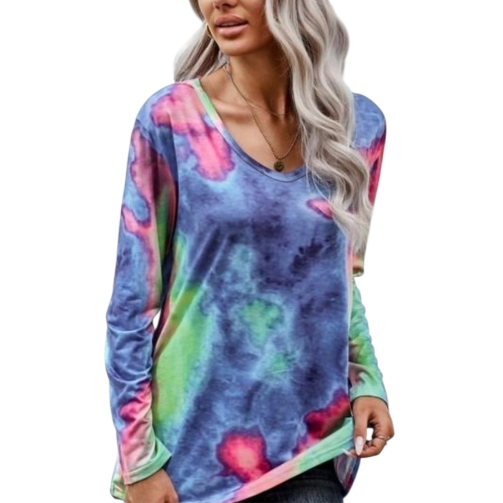 TRÏBE Pink & Blue Multi Watercolor Long Sleeve Top Size Small NWT